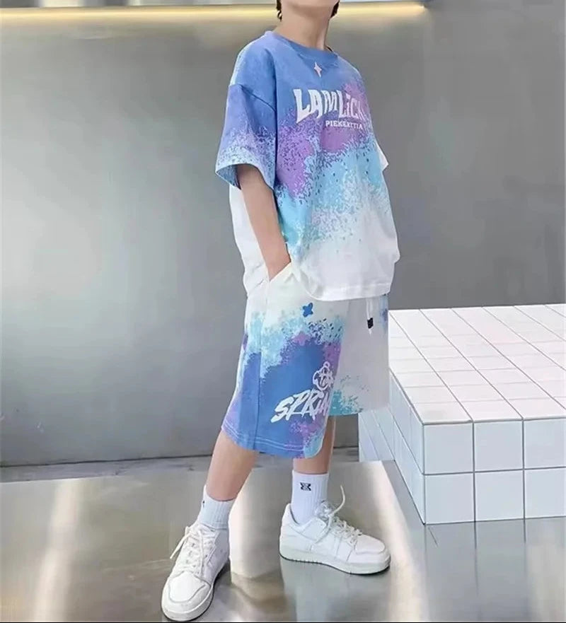 Tops+Shorts 2 Pcs Big Kids Casual Suits Children Print Outfits