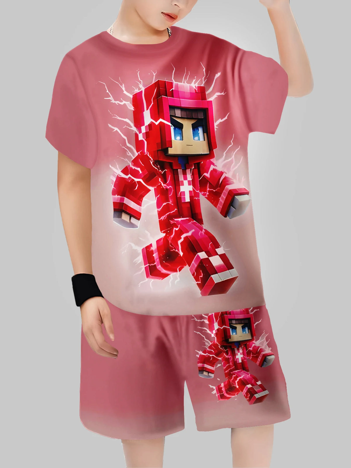 Block Man Digital Printing Casual Short + T-shirt Boys