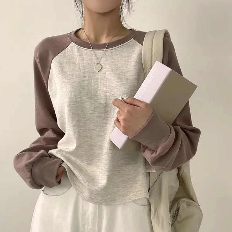Women Spring Cotton Version Patchwork Tops Long Sleeve Sweet Loose Korean Style Leisure All-match Students