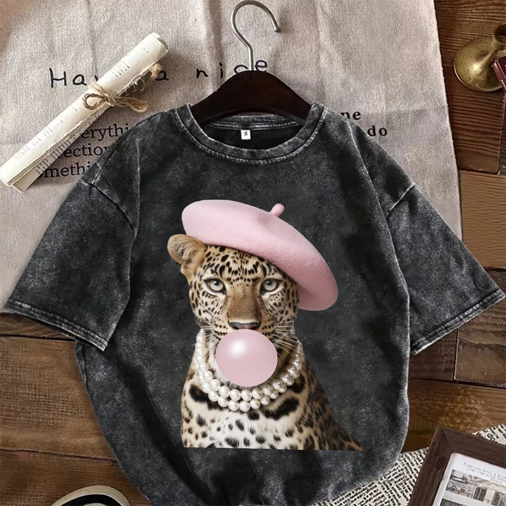 Vintage Washed Black Oversized T-Shirt Stylish Leopard Print Streetwear Casual Cotton