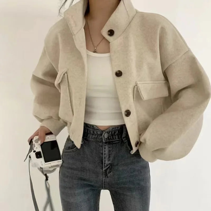 Autumn Winter Short Sleeve Wide Loose Casual Wool Coat Women Solid Fashionable