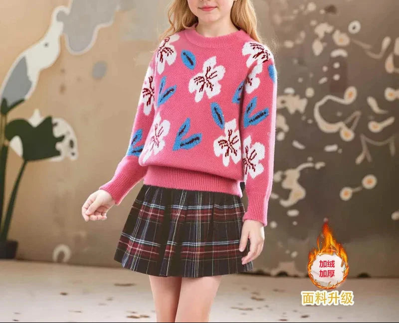 Girls' Vintage Jacquard Pullover Sweater, New Autumn-Winter Versatile
