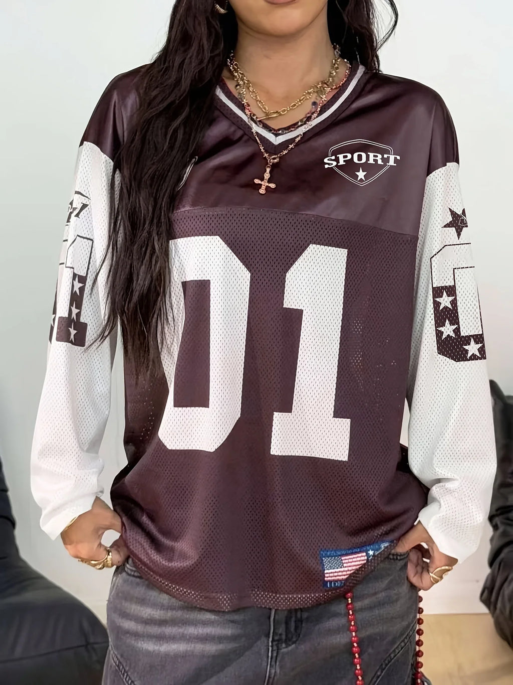 Women's Vintage American Sports V-neck Long Sleeve T-shirt