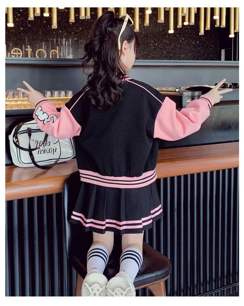 2 pcs Spring Autumn Kids Baseball Sports Suit Children Jacket Pleated Skirt