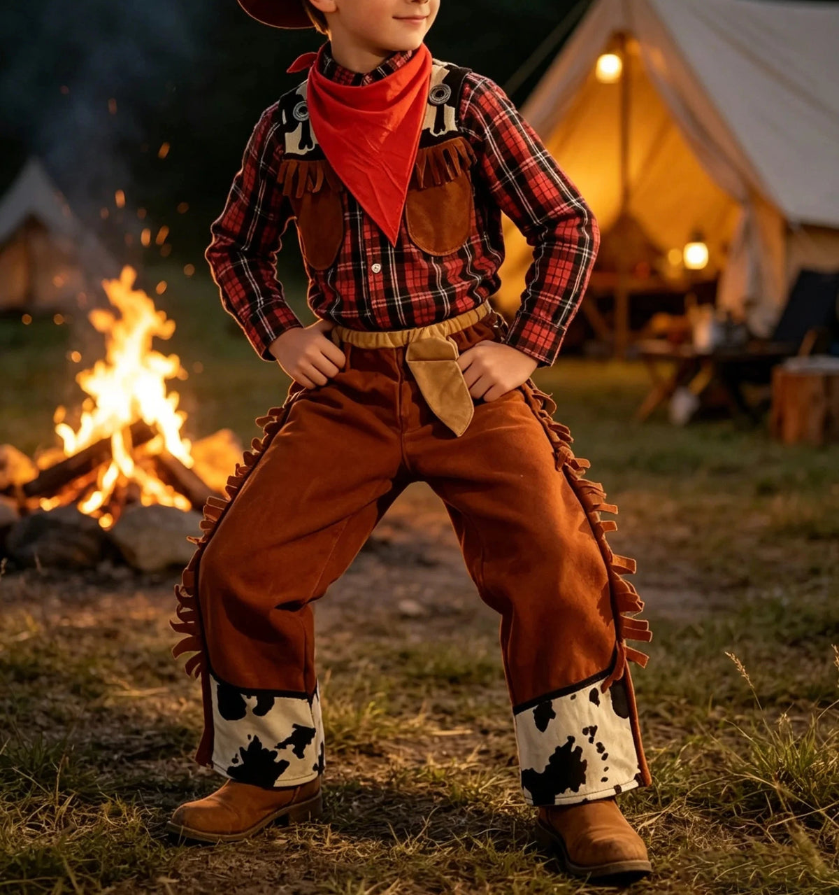 Boys Cowboy Costume Set with Top, Pants, Hat & Bandana, Kids Western Style Halloween Fancy Dress