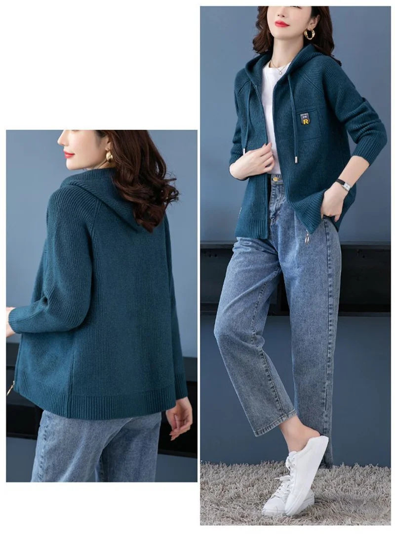 Fall/Winter New Knitted Cardigan Coat Women Hooded  Jacket Fashion
