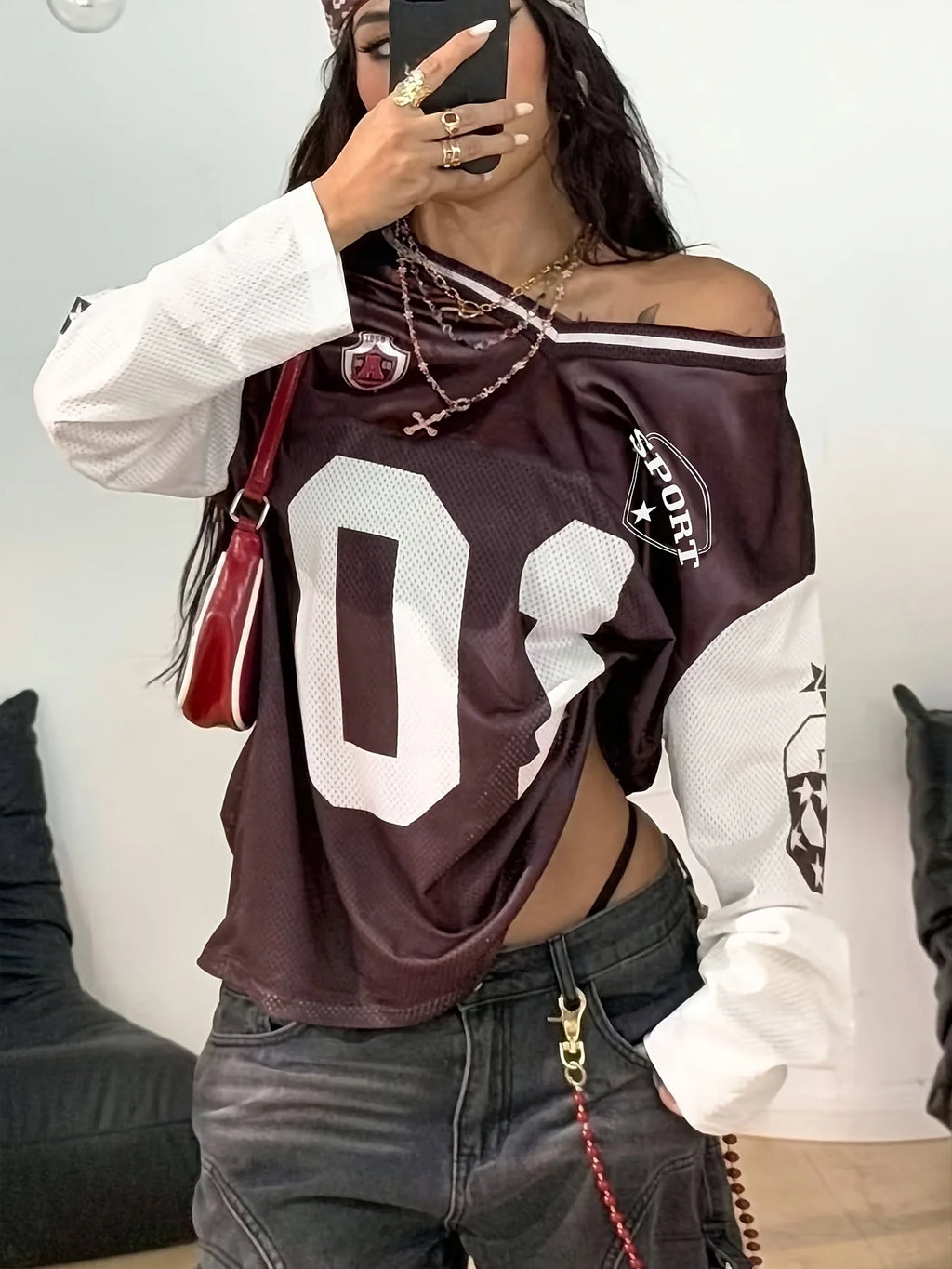 Women's Vintage American Sports V-neck Long Sleeve T-shirt