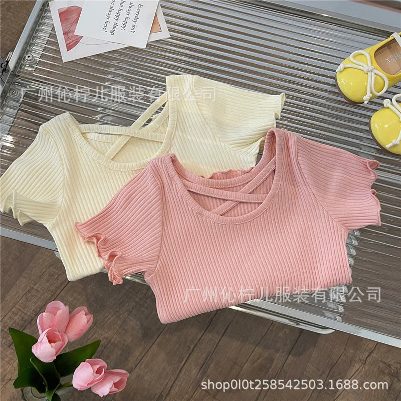 Children Short Sleeved Thin Soft Tops Simple Solid Color Casual Kids