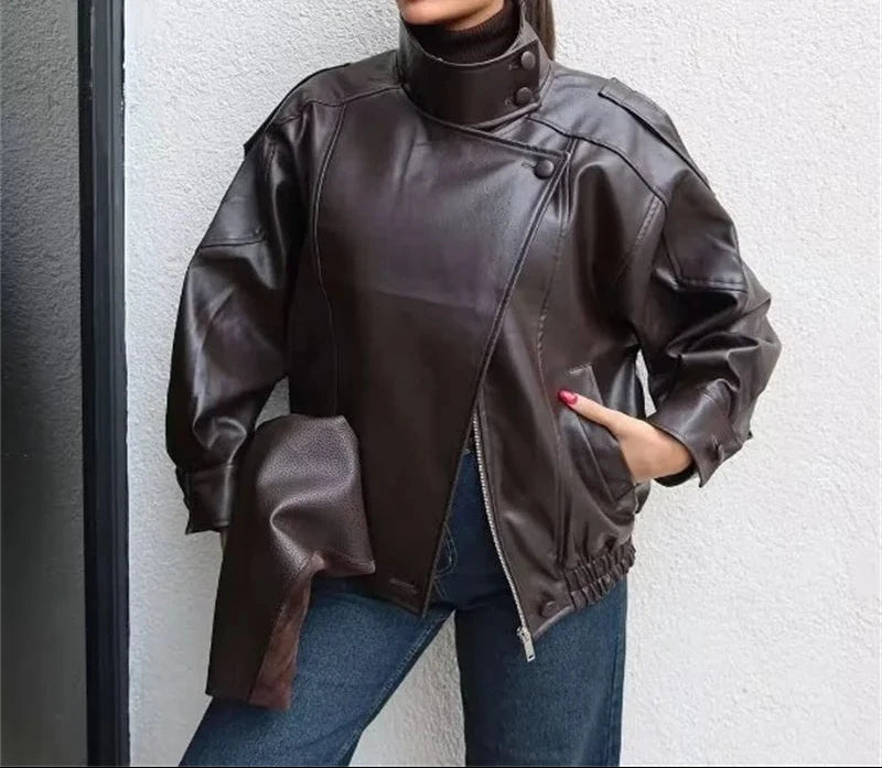 Women's Jacket 2026 Autunm  New Black Long Sleeve Pebble Faux Leather Jacket Motorcycle Style Personality Fashion