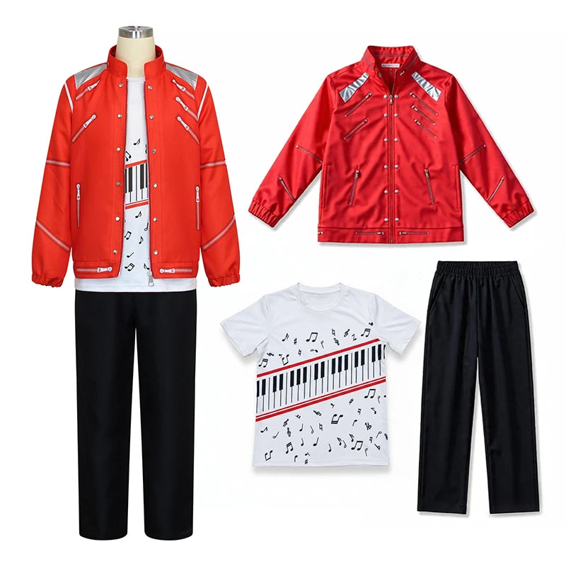 Kids Cosplay Dance Star Costume Set Red Printed 80s 90s Stage Party Outfit