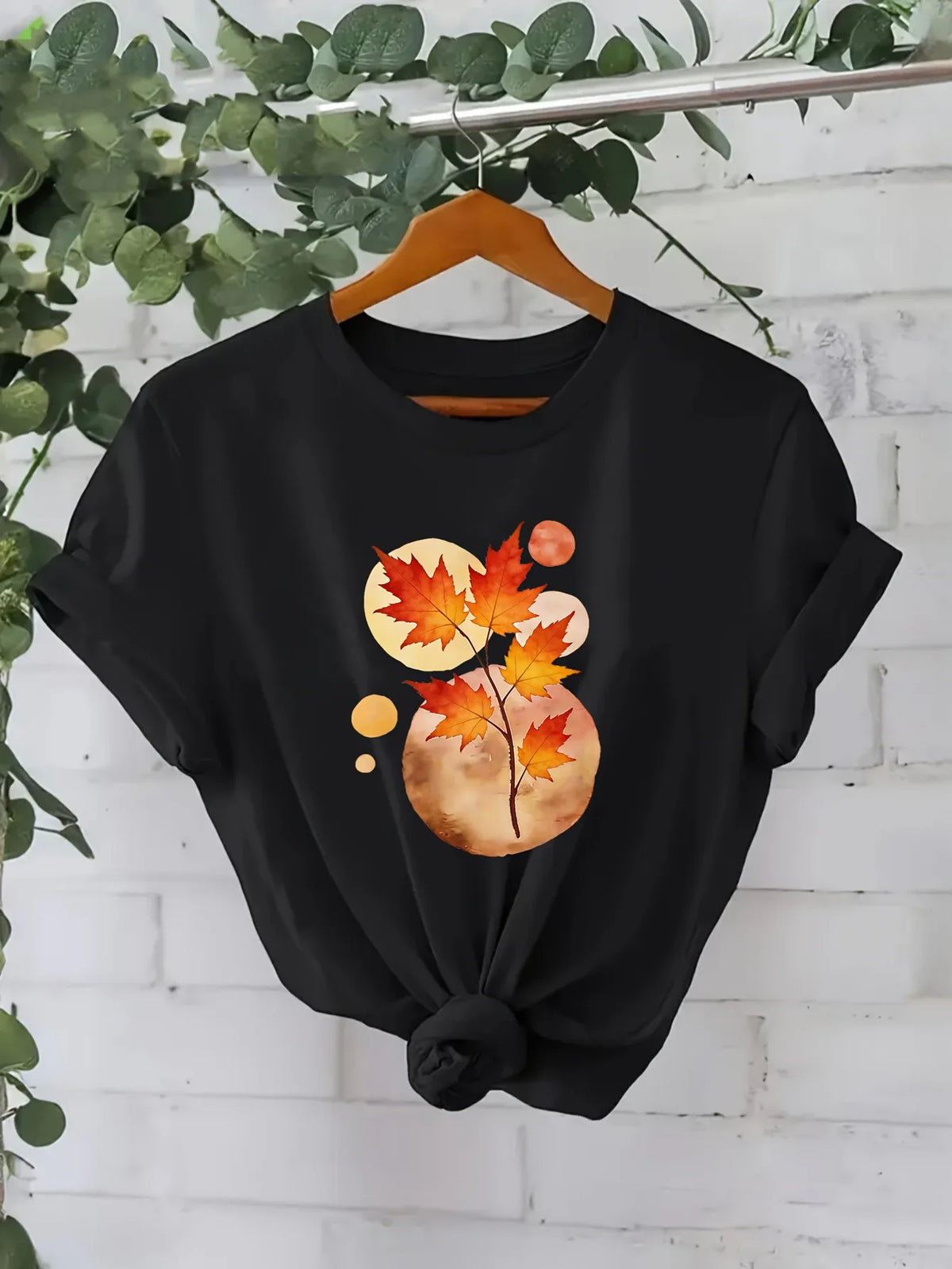 T-Shirt Casual Trendy Leaf and Flower Design Print Crew Neck Tops Graphic Vintage
