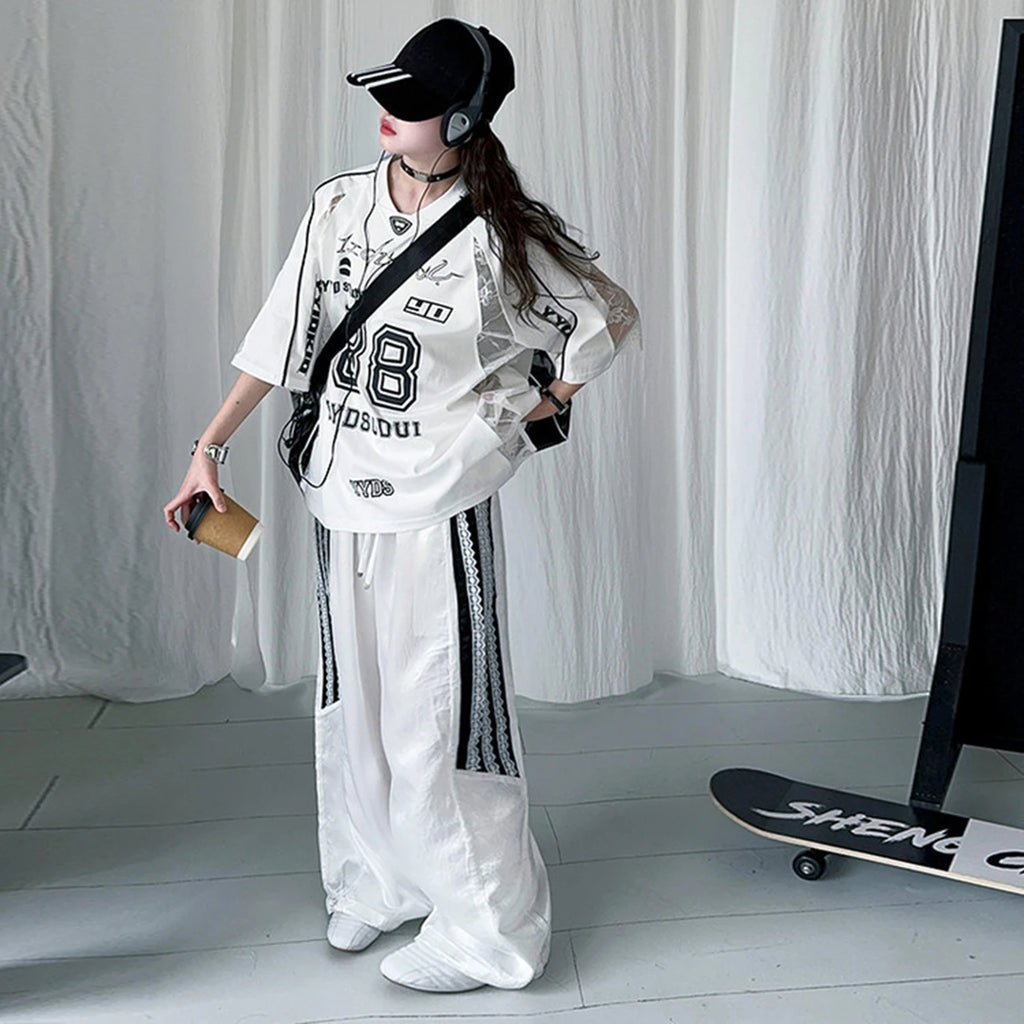 Girls Summer Lace Splicing T-Shirt with Cool Digital Print Short Sleeve Loose Casual Trousers