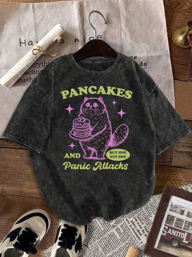 Cat Print T-Shirt Funny Mental Health Graphic Casual Crew Neck