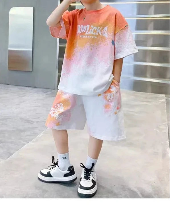 Tops+Shorts 2 Pcs Big Kids Casual Suits Children Print Outfits