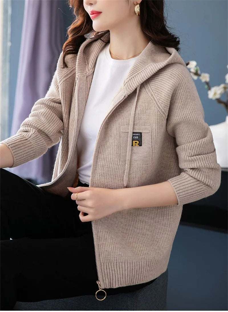 Fall/Winter New Knitted Cardigan Coat Women Hooded  Jacket Fashion
