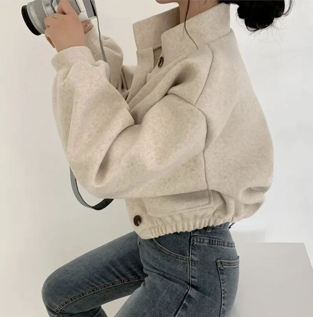 Autumn Winter Short Sleeve Wide Loose Casual Wool Coat Women Solid Fashionable