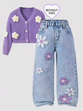 Girls' Floral-Printed Towel-Stitch Denim Jeans Versatile Casual Pants for Kids.