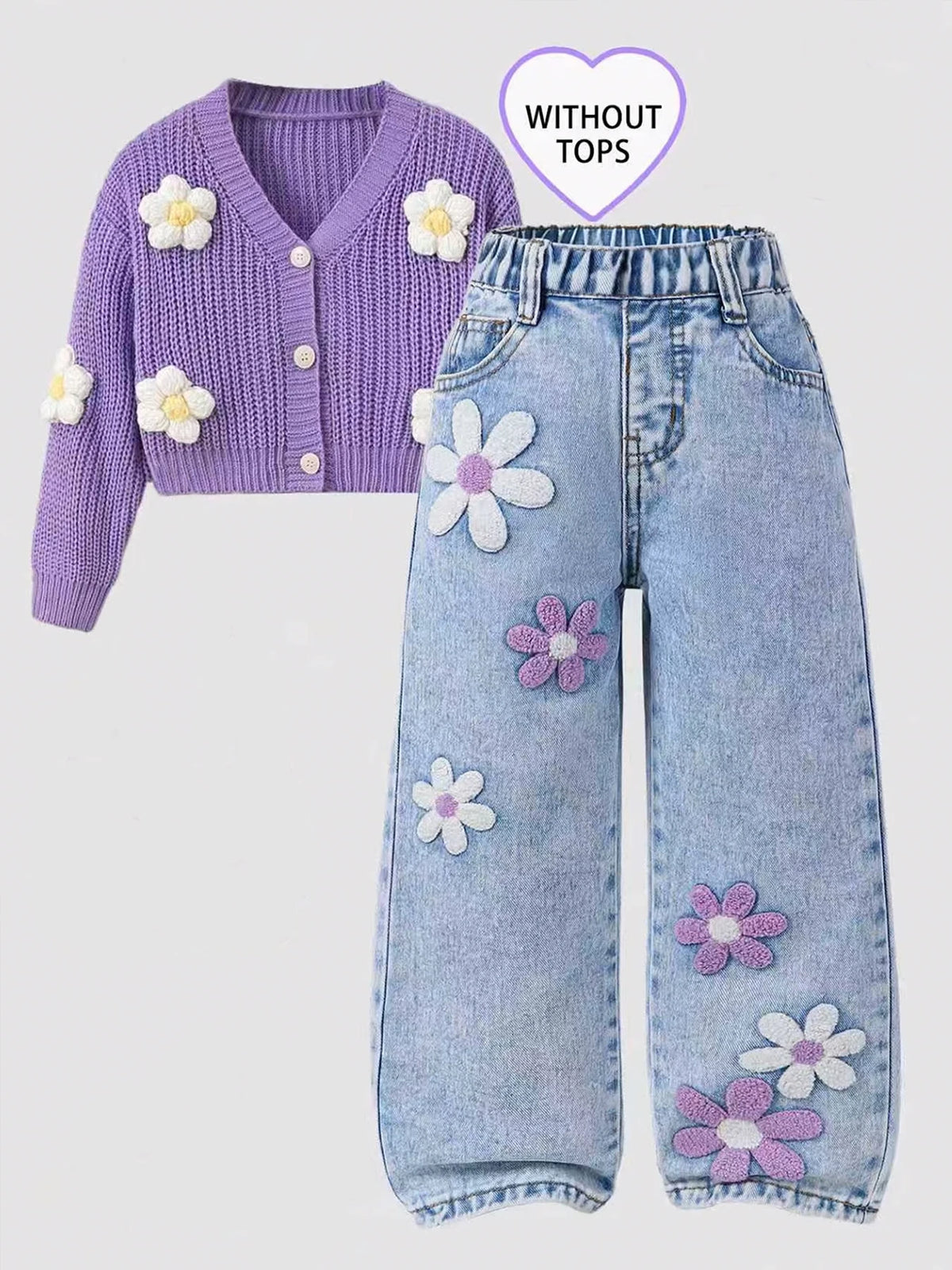 Girls' Floral-Printed Towel-Stitch Denim Jeans Versatile Casual Pants for Kids.