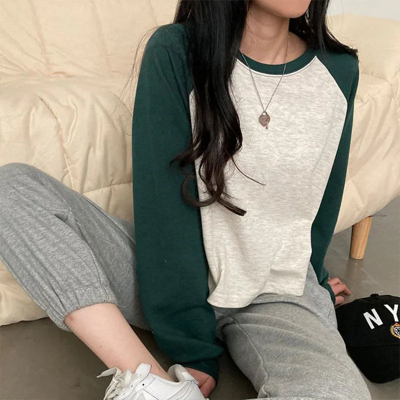 Women Spring Cotton Version Patchwork Tops Long Sleeve Sweet Loose Korean Style Leisure All-match Students