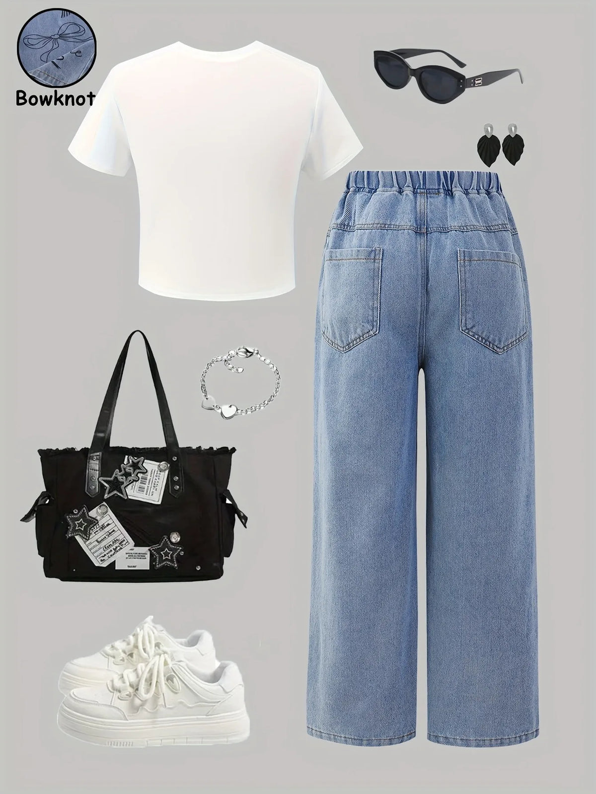 2Pcs  White Sequin Bow Short Sleeve Top & Bow Print Denim
