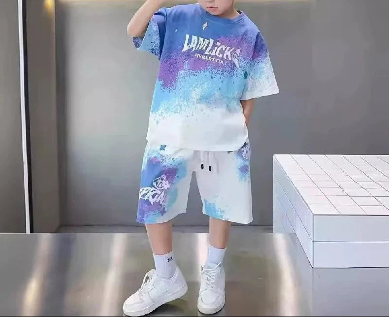 Tops+Shorts 2 Pcs Big Kids Casual Suits Children Print Outfits