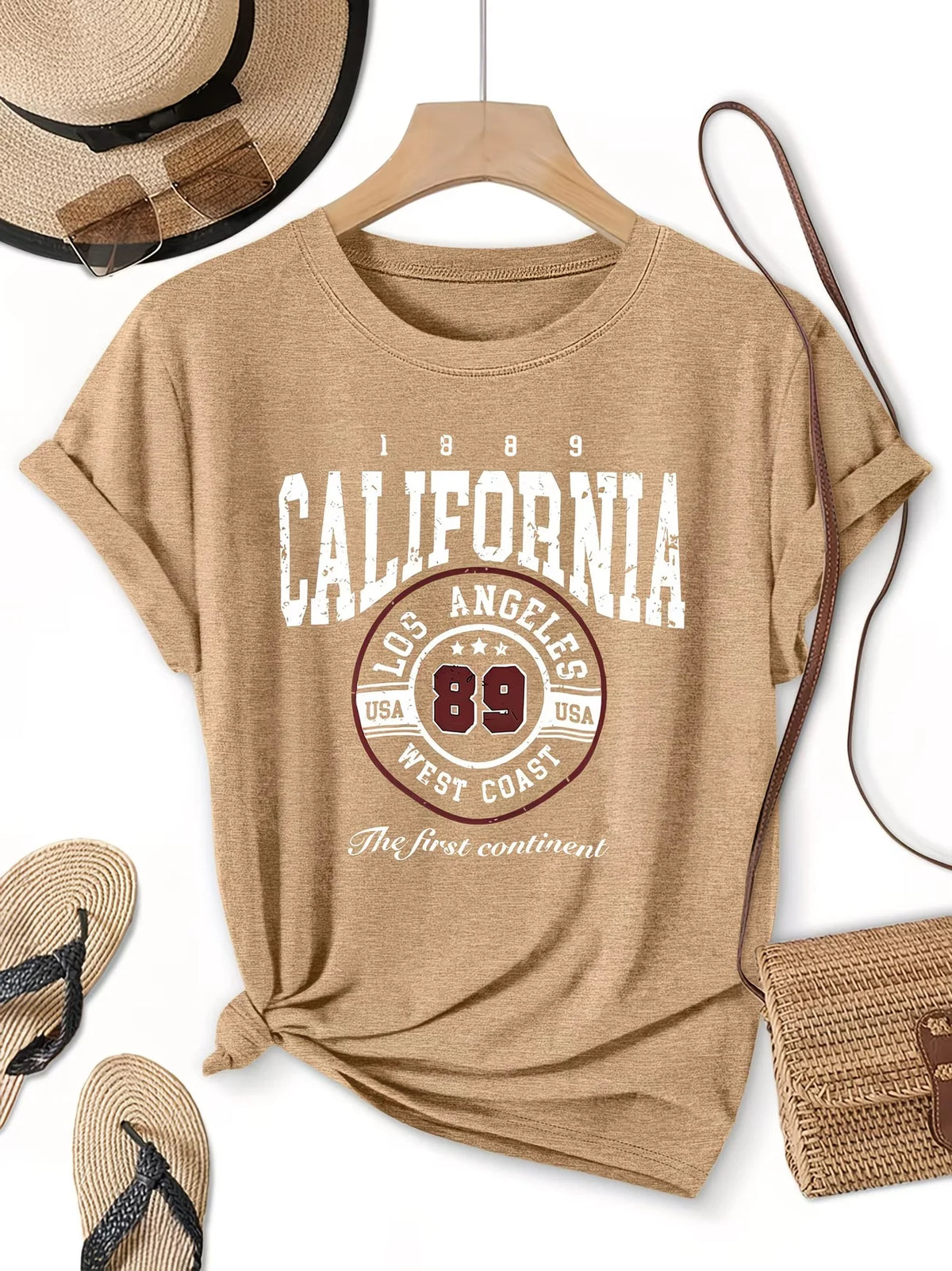 Crew Neck Short Sleeve Retro American Style California Los Angeles 89 Letter Print T Shirt Women's Outfits Casual Streetwear