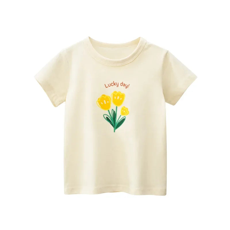Toddler Kid Girls Cotton T Shirt Short Sleeve Infant Top Cartoon Flower