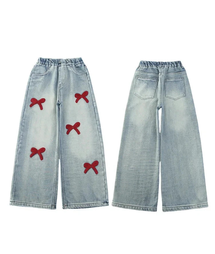 Girls Loose Wide-leg Jeans Soft Trousers Children Bowknot Embroidery Straight Denim Pants Spring Autumn Clothing 5-12 Years