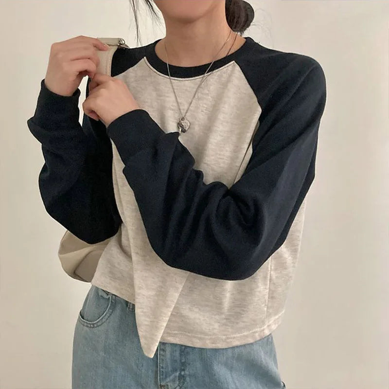Women Spring Cotton Version Patchwork Tops Long Sleeve Sweet Loose Korean Style Leisure All-match Students