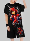Block Man Digital Printing Casual Short + T-shirt Boys