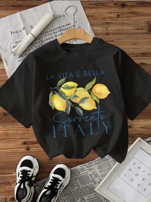 100% Cotton Loose Graphic Lemon Print T-Shirt