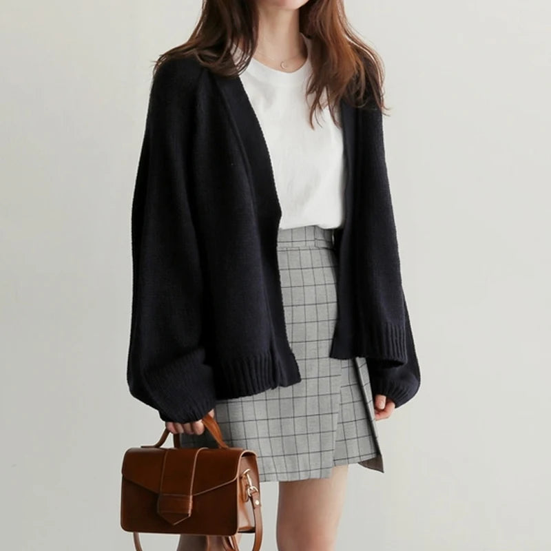 Autumn Fashion Women Loose Knitted Cardigan Short Sweater Jacket V Neck New Casual Office Solid Color Elegant Long Sleeve Coats
