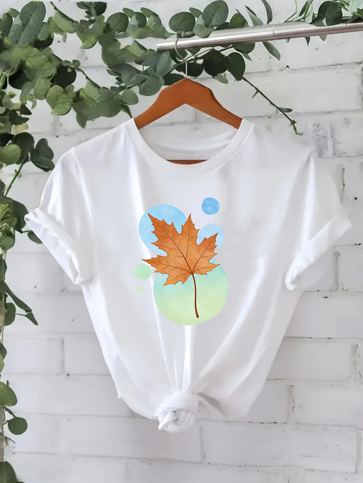 T-Shirt Casual Trendy Leaf and Flower Design Print Crew Neck Tops Graphic Vintage