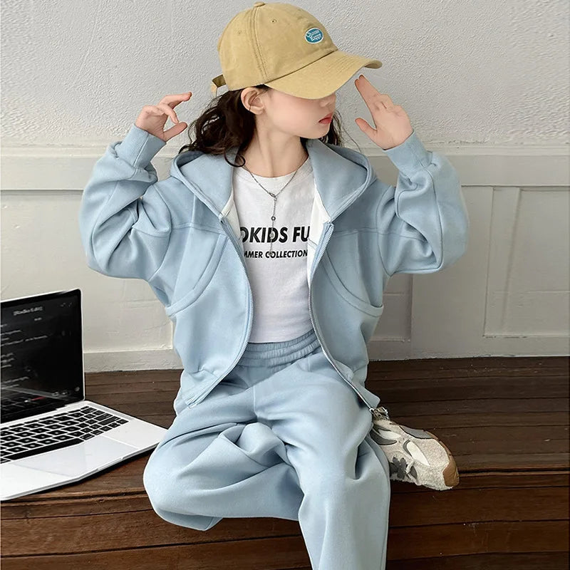 2 PCS Teenager girls Suit Clothes Bat crop Top jacket hooded & wide leg Pants