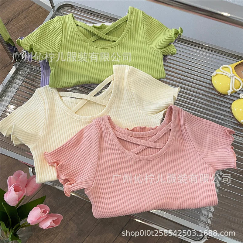 Children Short Sleeved Thin Soft Tops Simple Solid Color Casual Kids