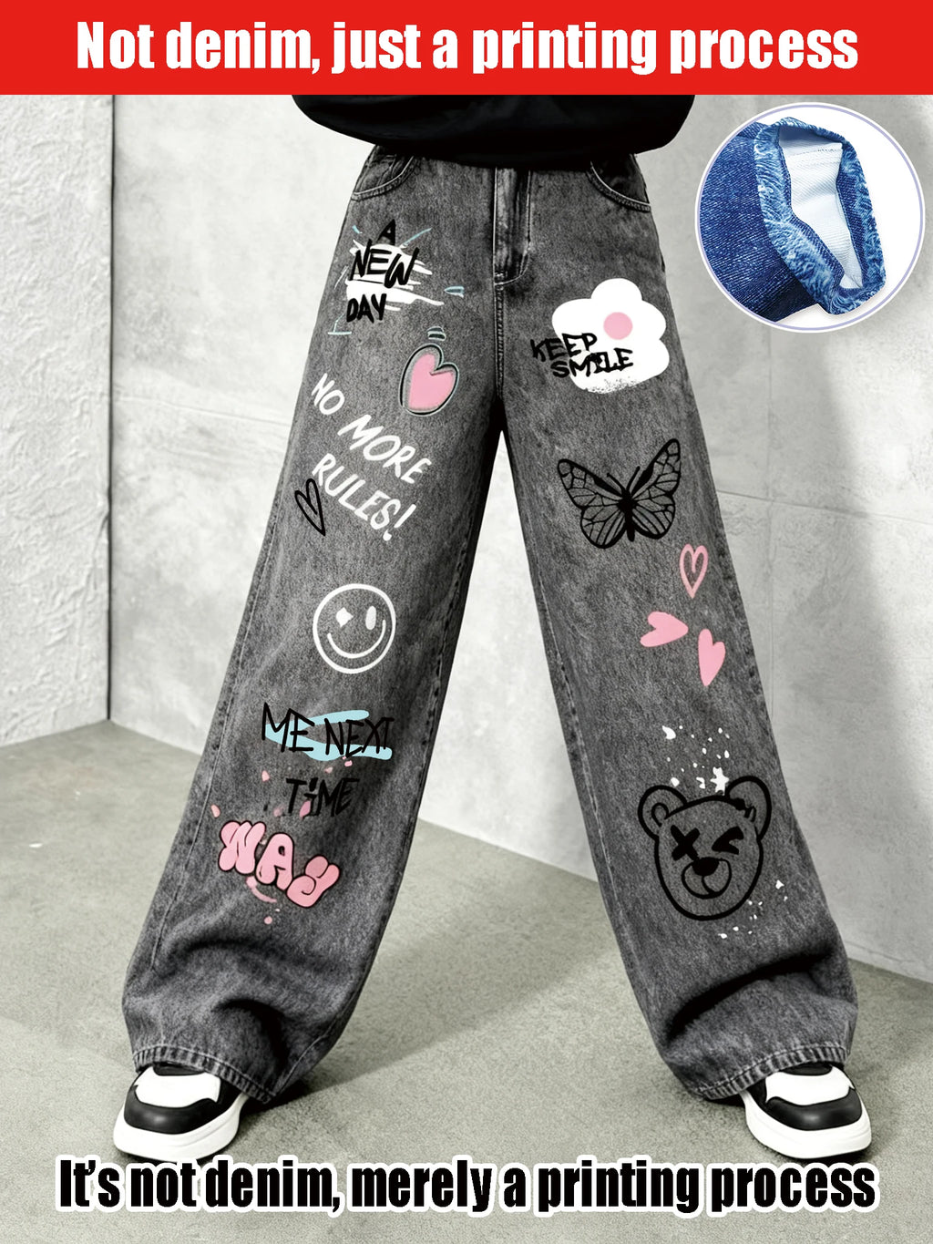 Girls' Y2K Cartoon Graffiti Print Jeans with Smiley Face