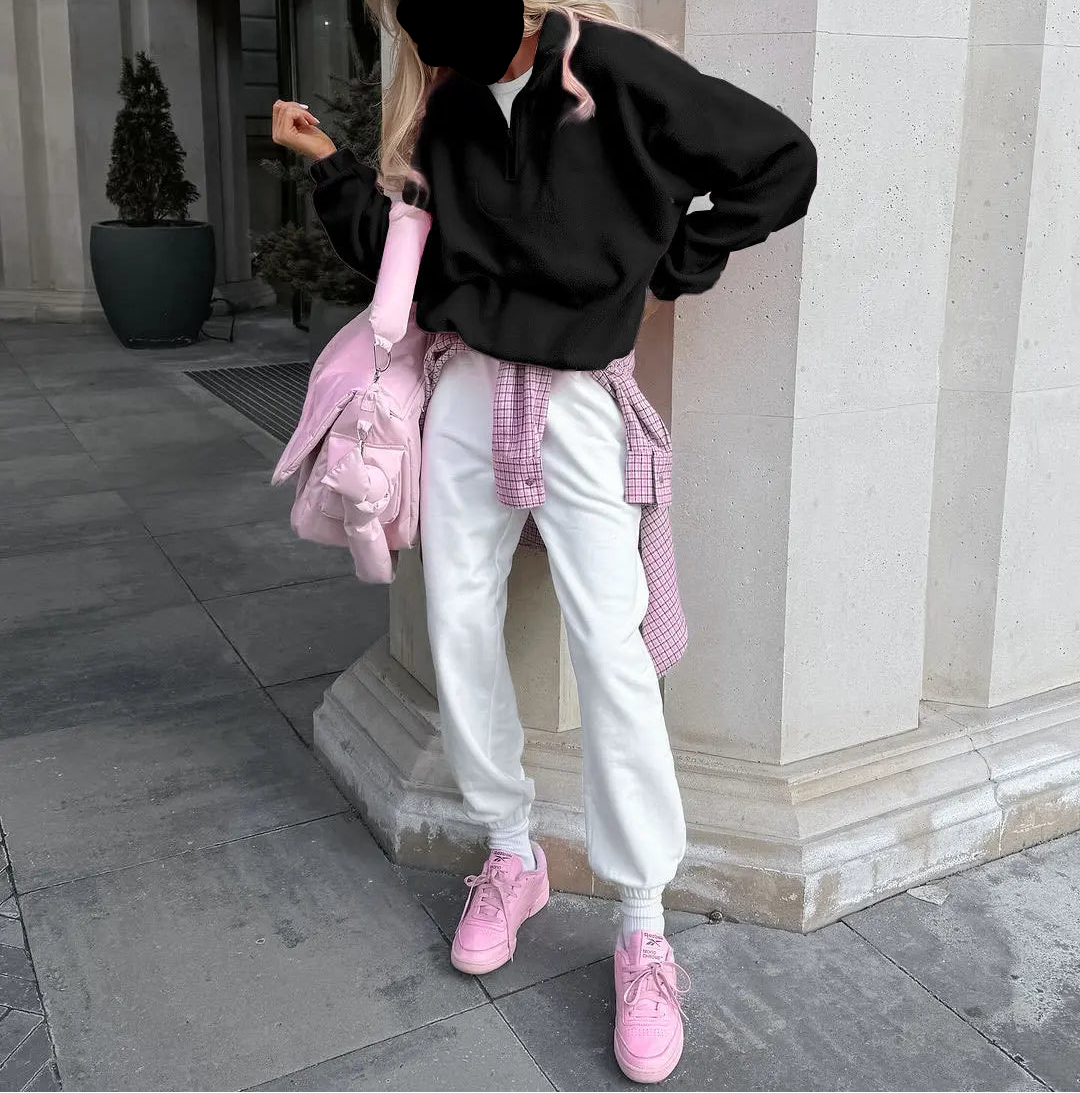 Women Autumn Winter Fleece Hoodies Elegant Stand Collar Zipper Loose Sweatshirt Elegant Solid Pullover Casual Top Streetwear
