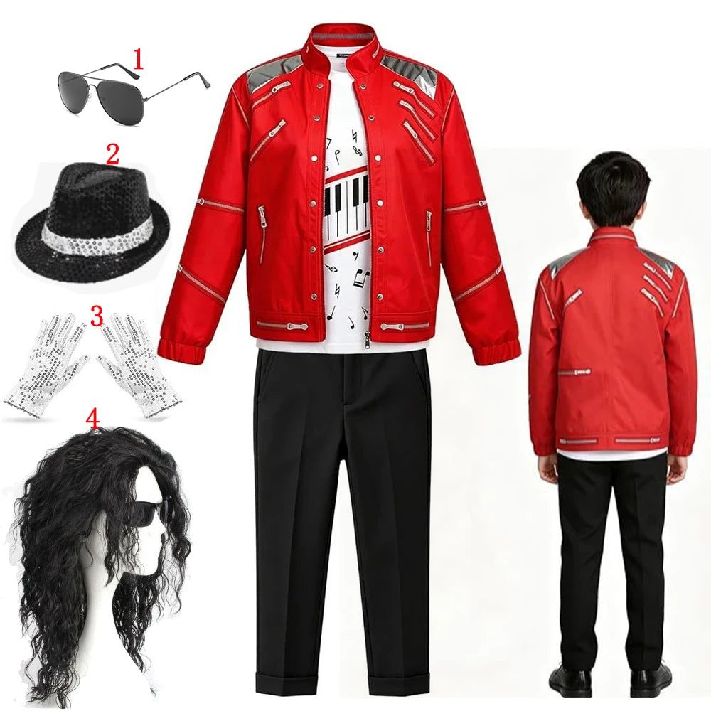 Kids Cosplay Dance Star Costume Set Red Printed 80s 90s Stage Party Outfit
