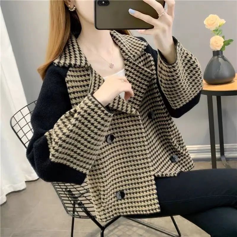 Check Short Wool & Blends Jacket for Women Blazer Coats Woman Elegant Cold Outdoor