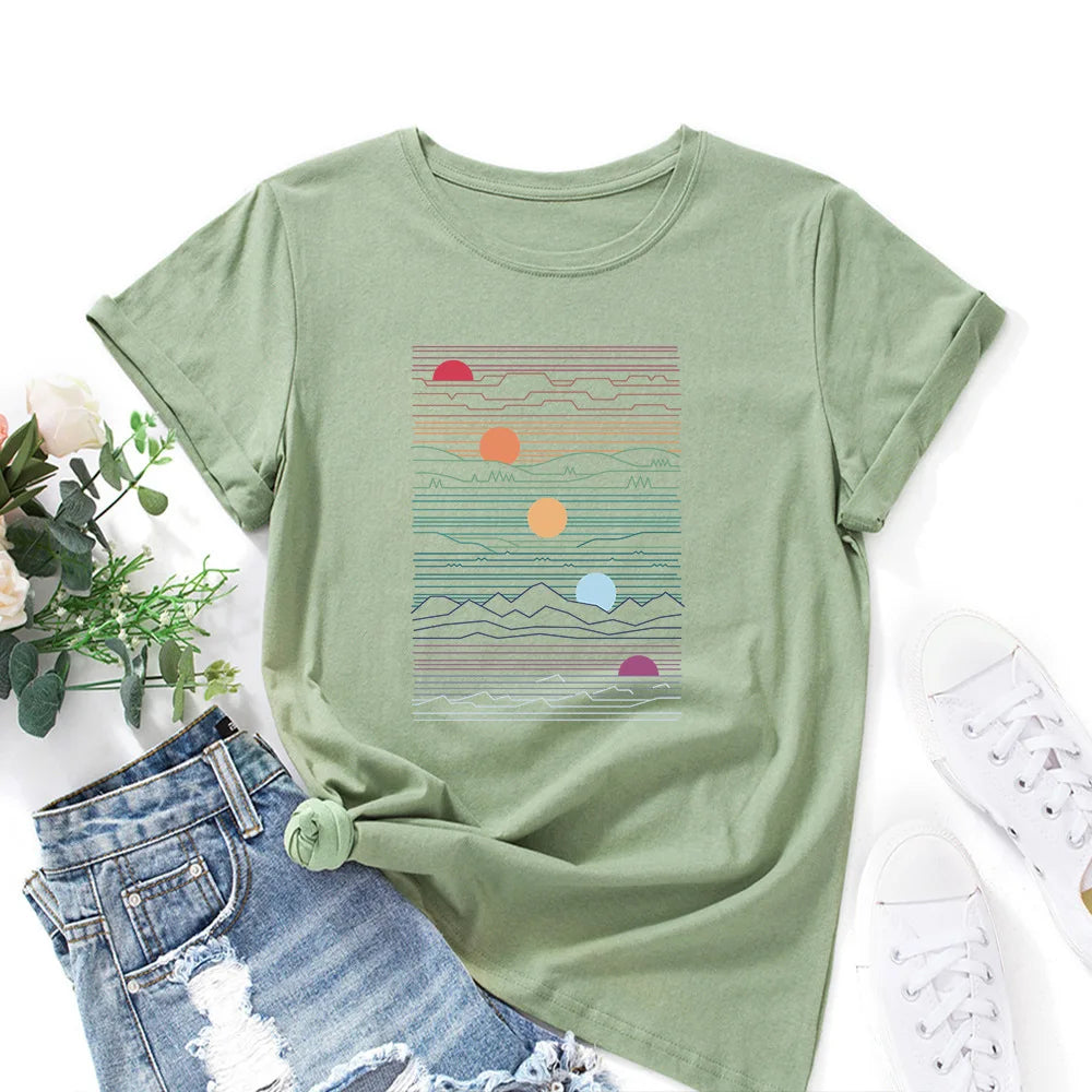 100% Cotton Summer T-Shirt Woman Loose Shirts Fashion Sunrise Print
