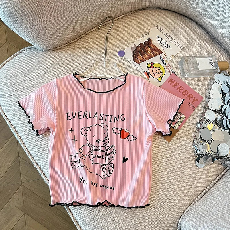 Girls Cartoon Print Ruffle Trim T-Shirt