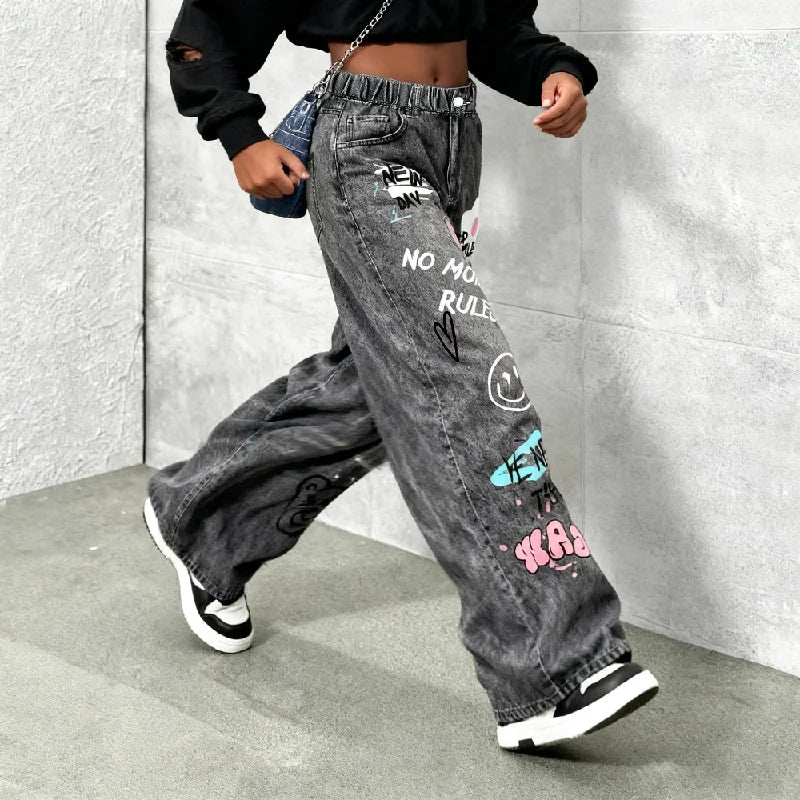Girls' Y2K Cartoon Graffiti Print Jeans with Smiley Face