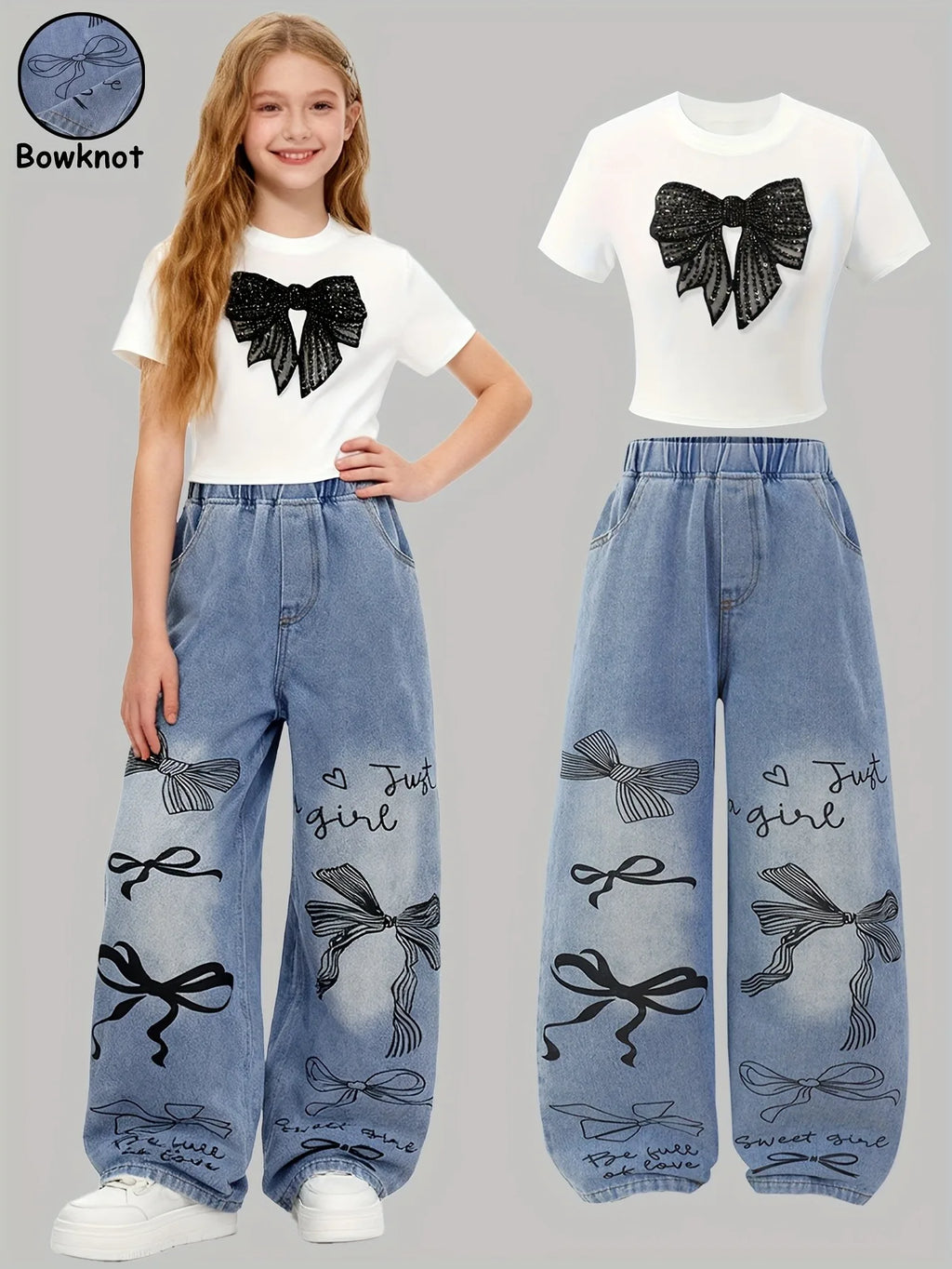 2Pcs  White Sequin Bow Short Sleeve Top & Bow Print Denim