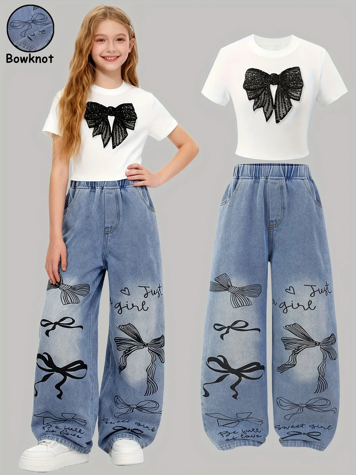 2Pcs  White Sequin Bow Short Sleeve Top & Bow Print Denim