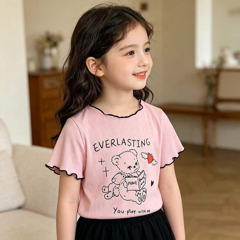 Girls Cartoon Print Ruffle Trim T-Shirt