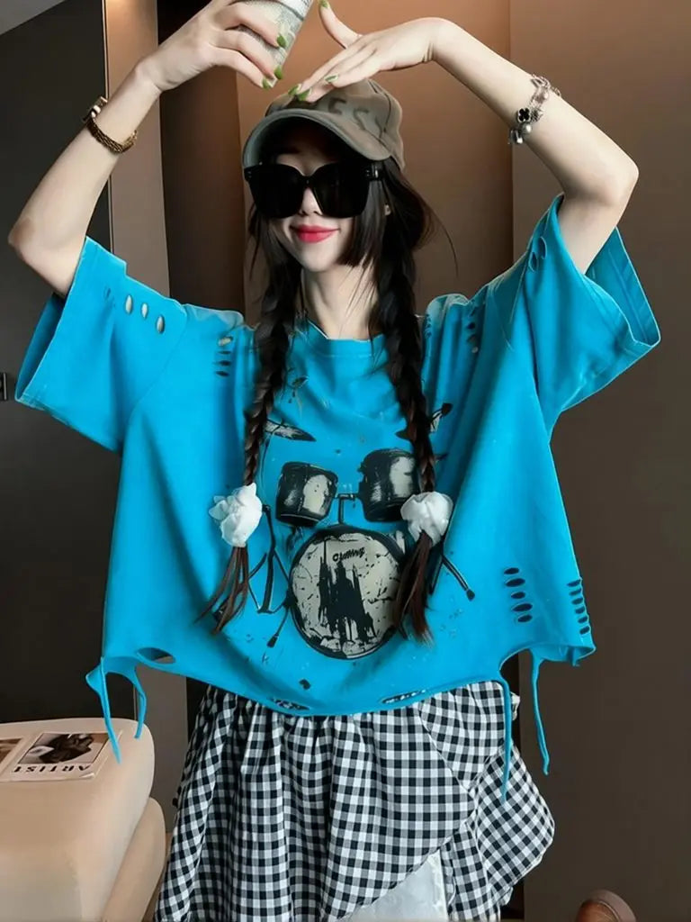 Vintage Ripped Short Sleeve T-shirts Women Casual Summer Graphic Tee Oversized
