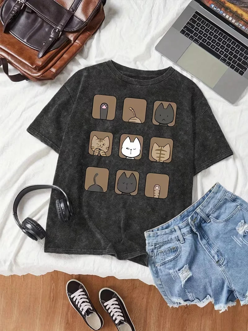 Cat Print T-Shirt Funny Mental Health Graphic Casual Crew Neck