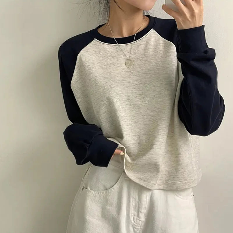 Women Spring Cotton Version Patchwork Tops Long Sleeve Sweet Loose Korean Style Leisure All-match Students
