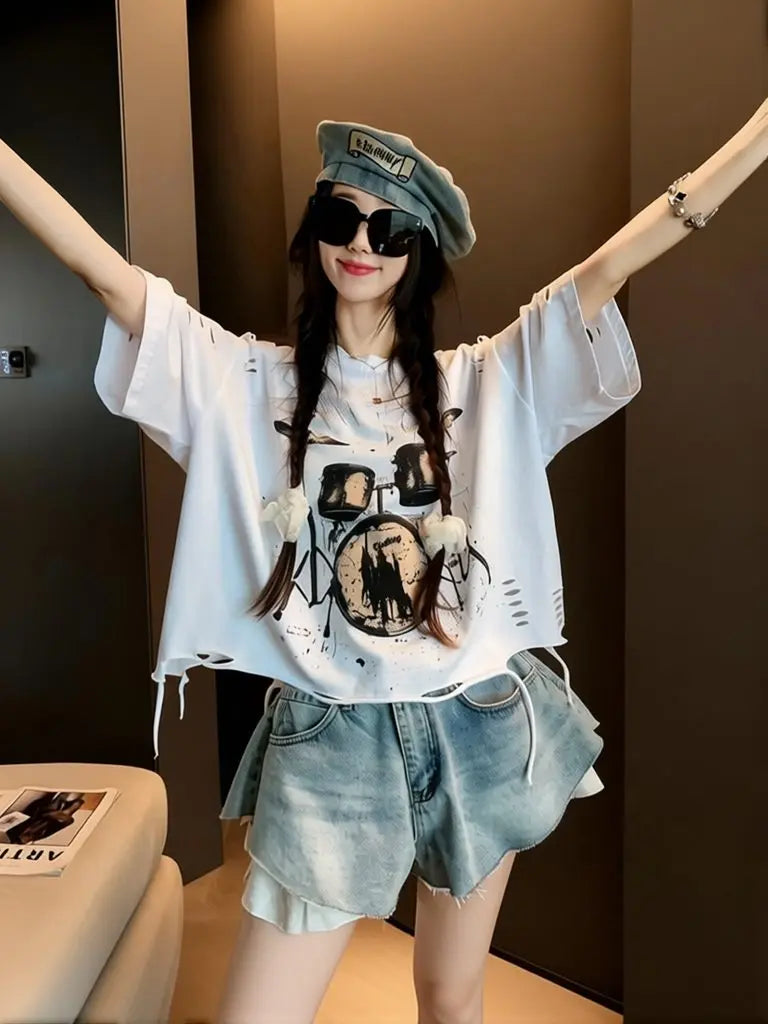 Vintage Ripped Short Sleeve T-shirts Women Casual Summer Graphic Tee Oversized