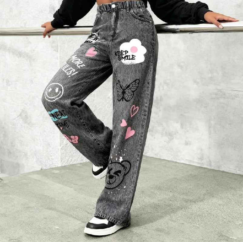 Girls' Y2K Cartoon Graffiti Print Jeans with Smiley Face